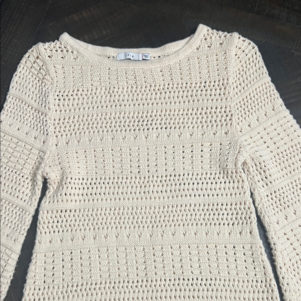 Lush Cream Crochet Bell Sleeve Mini Dress - Picture 2 of 2